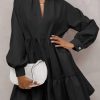 Black Frilled Stand Collar Long Sleeve Ruffle Dress