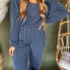 Blue Hollow-out Ribbed Hoodie Pants Casual 2pcs Outfit