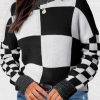 Black Checkered Print Drop Shoulder Sweater