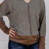 Brown Contrast Patchwork Thumbhole Sleeve Top