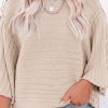 Apricot Plus Size Exposed Seam Bracelet Sleeve Ribbed Top