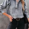 Gray Puff Sleeve Button-Up Denim Jacket