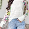 Stay Warm And Chic With This Delicate White Pointelle Floral Crochet Sleeve Sweater