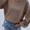 Khaki Drop Shoulder Bubble Sleeve Ribbed Knit Top