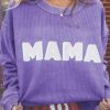 Purple MAMA Ribbed Crew Neck Pullover Sweatshirt