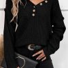 Black Pointelle Knit Button V Neck Drop Shoulder Sweater