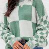 Mint Green Checkered Print Drop Shoulder Sweater