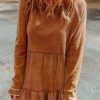 Chestnut Textured Tiered Ruffled Long Sleeve Mini Dress