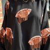 Black Sequin Fringed Rugby Casual Sweatshirt