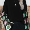 Black Floral Crochet Bell Sleeve Loose Sweater