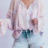 Purple Mixed Print Split Neck Ruffle Bubble Sleeve Blouse