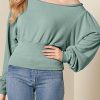 Green Off Shoulder Bishop Sleeve Cinched Waist Blouse