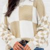 Light French Beige Checkered Print Drop Shoulder Sweater