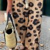 Light French Beige Leopard Print Drawstring Wide Leg Plus Size Lounge Pants