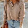 Casual And Chic: Split Neck Retro Patchwork Long Sleeve Top - Apricot