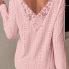 Light Pink Floral Lace Splicing Eyelet Long Sleeve Top