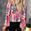 Multicolor Floral Print Smocked Square Neck Ruffles Blouse