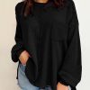 Black Exposed Seam Patchwork Bubble Sleeve Waffle Knit Top