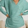 Green Textured Split Neck Long Sleeve Top