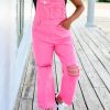 Comfortable And Stylish: Pocketed Distressed Denim Overall For Women