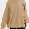 Khaki Exposed Seam Drop Shoulder Slit High Low Hem Sweatshirt