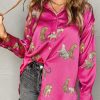 Rose Cheetah Animal Print Button Up Satin Shirt