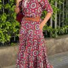 Floral Print Long Sleeve Shirt Bodice Flared Maxi Dress