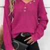 Rose Fiery Red Pointelle Knit Button V Neck Drop Shoulder Sweater