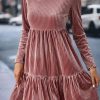 Pale Chestnut Long Sleeve Tiered Ribbed Velvet Dress