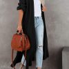 Black Open Front Side Slit Duster Knit Cardigan