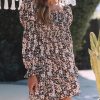 Brown Floral Puff Sleeve Square Neck Smocked Pleated Dress