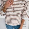 Brown Striped Ruffled Sleeve Buttoned Half-Placket Top