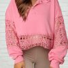 Pink Hollowed Lace Splicing Cropped Sweatshirt