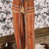 Gold Flame Boho Printed Tassel Drawstring Wide Leg Pants