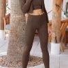 Stay Active In Style With This Brown Ribbed Knit Sports Set - Crop Top, Leggings, And Jacket