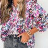 Multicolour Abstract Print 3/4 Puff Sleeve Ruffle Blouse