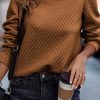 Brown Solid Color Quilted Puff Sleeve Pullover Sweatshirt