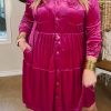 Rose Red Plus Size Velvet Long Sleeve Button-Up Tiered Dress