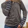 Stay Warm And Stylish With This Gray Aztec Patchwork Ribbed Long Sleeve Top