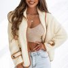 Beige Sherpa Contrasting Trim Button Jacket With Pockets