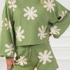 Casual And Chic Loungewear: Green Floral Two-Piece Set With Bubble Sleeve Sweater