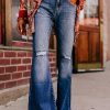 Sky Blue Button Fly Ripped High Waist Flare Jeans