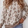 Brown Two-tone Ribbed Trim Contrast Leopard Sweater