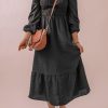 Black Smocked Fit Flare Square Neck Midi Dress