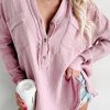 Pink Crinkle Long Sleeve Distressed Split Henley Top