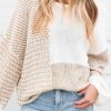 Oatmeal Mixed Pattern Knit Tie Keyhole Drop Shoulder Sweater