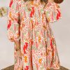 Multicolour Split Neck Puff Sleeve Flowy Printed Dress