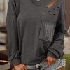 Gray Distressed V Neck Patch Pocket Long Sleeve Top