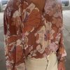 Brown Frilled V Neck Bubble Sleeve Floral Blouse