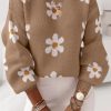 Apricot Khaki Pink Floral Pattern Drop Shoulder Sweater